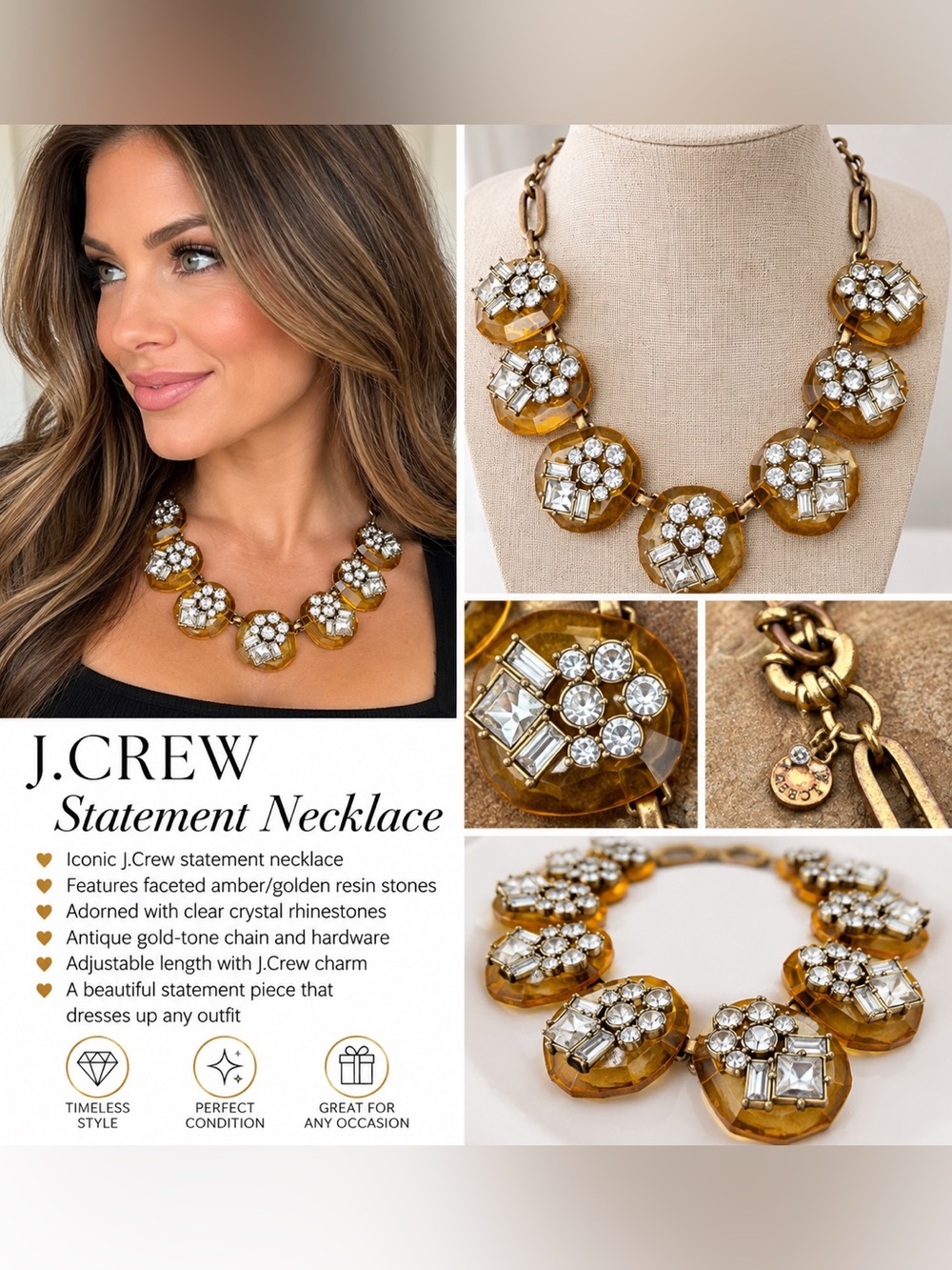 J.Crew $138 Vintage Statement Necklace Amber Resin Crystal Rhinestone Bib #118